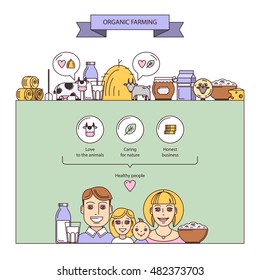 Vector illustration on the theme of organic farming. Elements of infographics dairy business. Production of natural dairy products that are useful for human health. Happy family eating right.