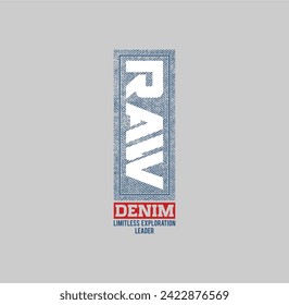 Vektorgrafik zum Thema Originale amerikanische Jeans, Denim und Roh. Vintage-Design. brüchiger Hintergrund. Typografie, T-Shirt-Grafiken, Druck, Poster, Banner, Flyer, Postkarte