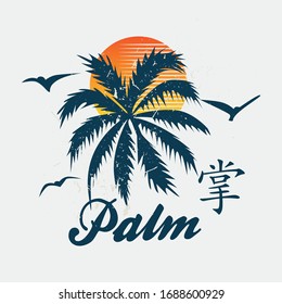 Vector illustration on the theme of palm. Grunge background. Vintage design. Japanese text translation: Palm