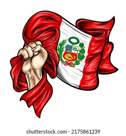 Ilustración vectorial sobre el tema Día de la Independencia de Perú. Manos con banderas de Perú. Vector de la bandera nacional del Perú en estilo dibujado a mano