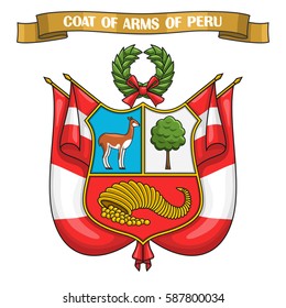 Ilustración vectorial sobre el escudo de armas peruano, escudo heráldico de banderas nacionales - Emblema del Perú, en el texto del título de la cinta: escudo de armas de perú, heráldico oficial peruano, emblema simbólico.