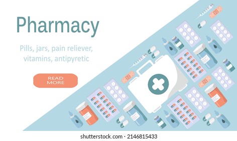 vector illustration on the theme of pharmacy, drugstore, medicines, drugs, vitamins. various tablets, pills, tubes and jars of medicines, plaster and ampoule . thrend illustration in flat style