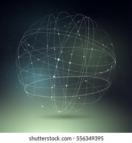 Vector illustration on the theme of physics, atomic nucleus, cosmos, astronomy. The structure of curve intersecting lines in the form of sphere on cosmic gradient mesh background.  