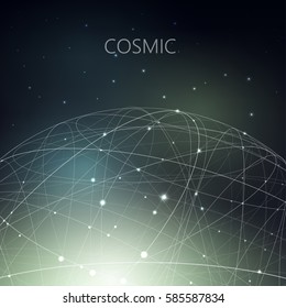 Ilustración vectorial sobre el tema de la física, el núcleo atómico, el cosmos, la astronomía. Estructura de las líneas de intersección de curva en forma de esfera sobre fondo de malla de gradiente cósmico oscuro.