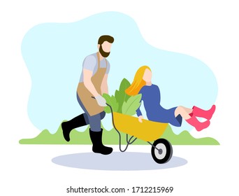 Vector Illustration on the theme of Planting Plants, Gardening and Landscaping Works. The Guy Rides a Girl on a Wheelbarrow. Modern Flat Design. 