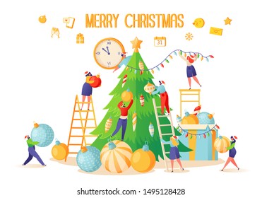 Vector illustration on theme of preparation for winter holidays.  Small flat people characters decorate large, beautiful, green Christmas tree with elegant, bright and colored balls. Hang a garland.