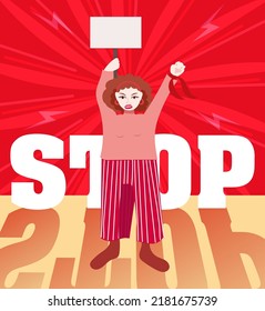 Vector illustration on the theme of protest. A protesting woman stands with a blank placard in her hand on a red background, behind the huge word STOP.