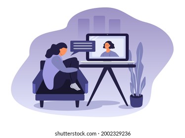 vector illustration on the theme of psychological help online. the girl sits at home on an armchair, the psychologist consults her from the laptop screen. trend illustration in flat style