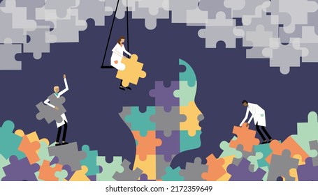 vector illustration on the theme of psychotherapy, mental assistance, psychology, mental health. three different people collect a puzzle in a human's head. trend illustration in flat style