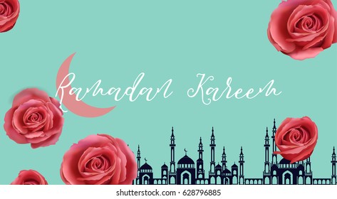 Vector illustration on the theme Ramadan Kareem - Happy muslim holiday. Decorative template with realistic roses, mosque, moon for postcard, flyer
