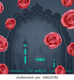 Vector illustration on the theme Ramadan Karrem - Happy muslim holiday. Decorative template with realistic roses, mosque, moon for postcard, flyer