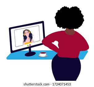 Vector illustration on the theme of remote work and home office. AFRO-AMERICAN WOMAN HOLDING VIDEO CONFERENCE. VIDEO COMMUNICATION. Work from home. Freelance.