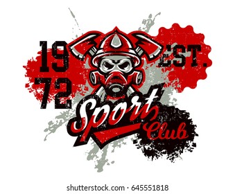 Vector illustration on the theme of rescuers, fire department, a skull in a fireman's helmet, axes. Grunge effect, text, inscription. Typography, T-shirt graphics, print, banner, poster, flyer.