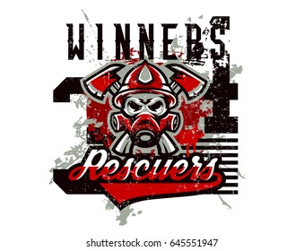 Vector illustration on the theme of rescuers, fire department, a skull in a fireman's helmet, axes. Grunge effect, text, inscription. Typography, T-shirt graphics, print, banner, poster, flyer.