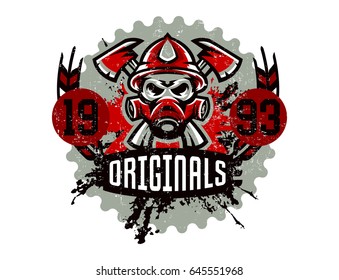 Vector illustration on the theme of rescuers, fire department, a skull in a fireman's helmet, axes. Grunge effect, text, inscription. Typography, T-shirt graphics, print, banner, poster, flyer.