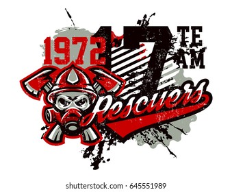 Vector illustration on the theme of rescuers, fire department, a skull in a fireman's helmet, axes. Grunge effect, text, inscription. Typography, T-shirt graphics, print, banner, poster, flyer.