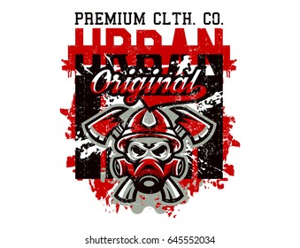 Vector illustration on the theme of rescuers, fire department, a skull in a fireman's helmet, axes. Grunge effect, text, inscription. Typography, T-shirt graphics, print, banner, poster, flyer.