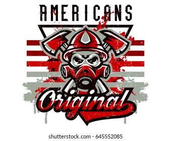 Vector illustration on the theme of rescuers, fire department, a skull in a fireman's helmet, axes. Grunge effect, text, inscription. Typography, T-shirt graphics, print, banner, poster, flyer.