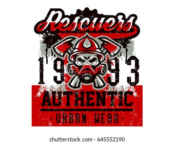 Vector illustration on the theme of rescuers, fire department, a skull in a fireman's helmet, axes. Grunge effect, text, inscription. Typography, T-shirt graphics, print, banner, poster, flyer.