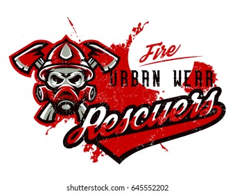 Vector illustration on the theme of rescuers, fire department, a skull in a fireman's helmet, axes. Grunge effect, text, inscription. Typography, T-shirt graphics, print, banner, poster, flyer.