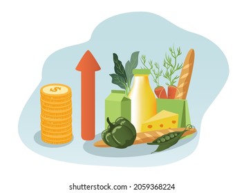 ilustración vectorial sobre el tema del aumento de los precios de los alimentos. El aumento de los precios de los productos. juego de comestibles, pila de monedas y flecha arriba. ilustración de tendencia en estilo plano