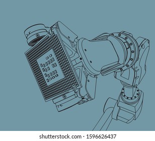 Vector illustration on the theme of robotics and integrated microelectronics. Industrial robot holds microchip closeup