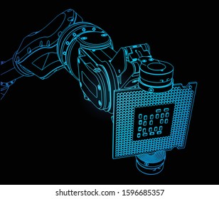 Vector illustration on the theme of robotics and integrated microelectronics. Industrial robot holds microchip closeup