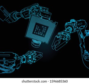 Vector illustration on the theme of robotics and integrated microelectronics. Industrial robot holds microchip closeup - Powered by Shutterstock - Get 15% off with code: PIKWIZARD15