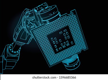 Vector illustration on the theme of robotics and integrated microelectronics. Industrial robot holds microchip closeup