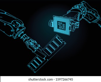 Vector illustration on the theme of robotics and integrated microelectronics. Industrial robots holds microchips closeup