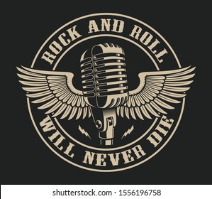 Vector illustration on the theme of rock and roll with a microphone and wings on a dark background.