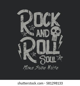 Vector illustration on the theme of rock and roll music. Vintage design.  Grunge background. Skull typography, t-shirt graphics, print, poster, banner, flyer, postcard