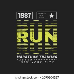 Vector illustration on a theme of run and running in New York City. Sport typography, t-shirt graphics, poster, print, run, banner, flyer, postcard