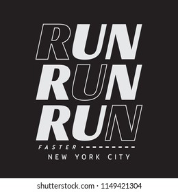 Ilustración vectorial sobre un tema de funcionamiento en Nueva York. Tipografía deportiva, gráficos en pantalones, afiche, impresión, pancarta, volante, postal