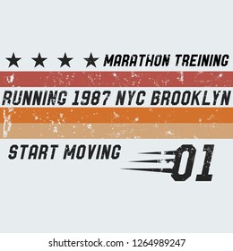 Vector illustration on a theme of run and running in New York City, Brooklyn. Vintage design. Grunge background. Number sport typography, t-shirt graphics, poster, print, run, banner, flyer, postcard