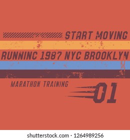 Vector illustration on a theme of run and running in New York City, Brooklyn. Vintage design. Grunge background. Number sport typography, t-shirt graphics, poster, print, run, banner, flyer, postcard