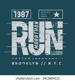 Vector illustration on a theme of run and running in New York City. Vintage design. Grunge background.  Sport typography, t-shirt graphics, poster, print, run, banner, flyer, postcard
