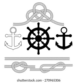 Vector illustration on the theme of the sea . Anchor, steering wheel, rope knots