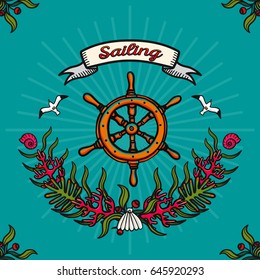 Vector illustration on the theme of sea travel and sailing. Hand-drawn vector images on a blue background