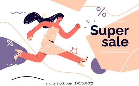 Vector illustration on the theme of season sales, discounts, promotions depicting a running young girl.