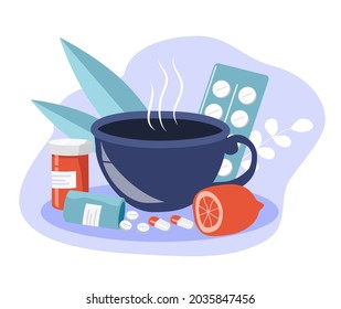 Vector Illustration On The Theme Of Seasonal Cold, Common Cold, Treatment. A Cup Of Hot Tea, Tablets, Pills, Lemon. Trend Illustration In Flat Style