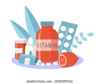 Vector Illustration On The Theme Of Seasonal Cold, Common Cold, Treatment, Pharmacy. A Bottle Of Vitamins, Tablets, Pills, Lemon. Trend Illustration In Flat Style