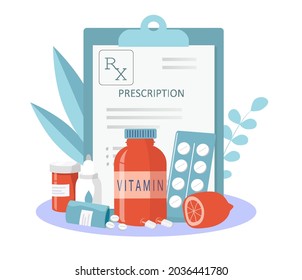 vector illustration on the theme of seasonal cold, common cold, treatment, pharmacy. prescription, a bottle of vitamins, tablets, pills, lemon. trend illustration in flat style