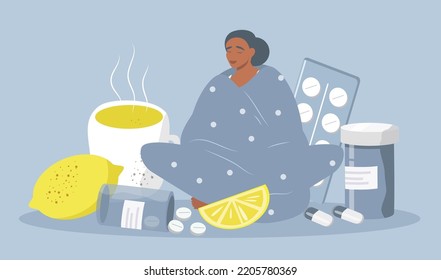 Vector Illustration On The Theme Of Seasonal Cold, Common Cold, Treatment.