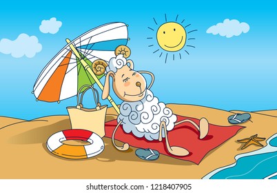 Vector illustration on the theme of the seasons with a funny sheep