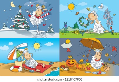 Vector illustration on the theme of the seasons with a funny sheep