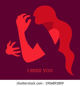 vector illustration on the theme of separation from a loved one. I want to hug someone who is not around. I miss you. can be used as a card for Valentine's Day, International Hug Day, or to say I miss