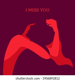 vector illustration on the theme of separation from a loved one. I want to hug someone who is not around. I miss you. can be used as a card for Valentine's Day, International Hug Day, or to say I miss