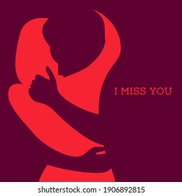 vector illustration on the theme of separation from a loved one. I want to hug someone who is not around. I miss you. can be used as a card for Valentine's Day, International Hug Day, or to say I miss