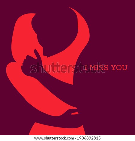 vector illustration on the theme of separation from a loved one. I want to hug someone who is not around. I miss you. can be used as a card for Valentine's Day, International Hug Day, or to say I miss
